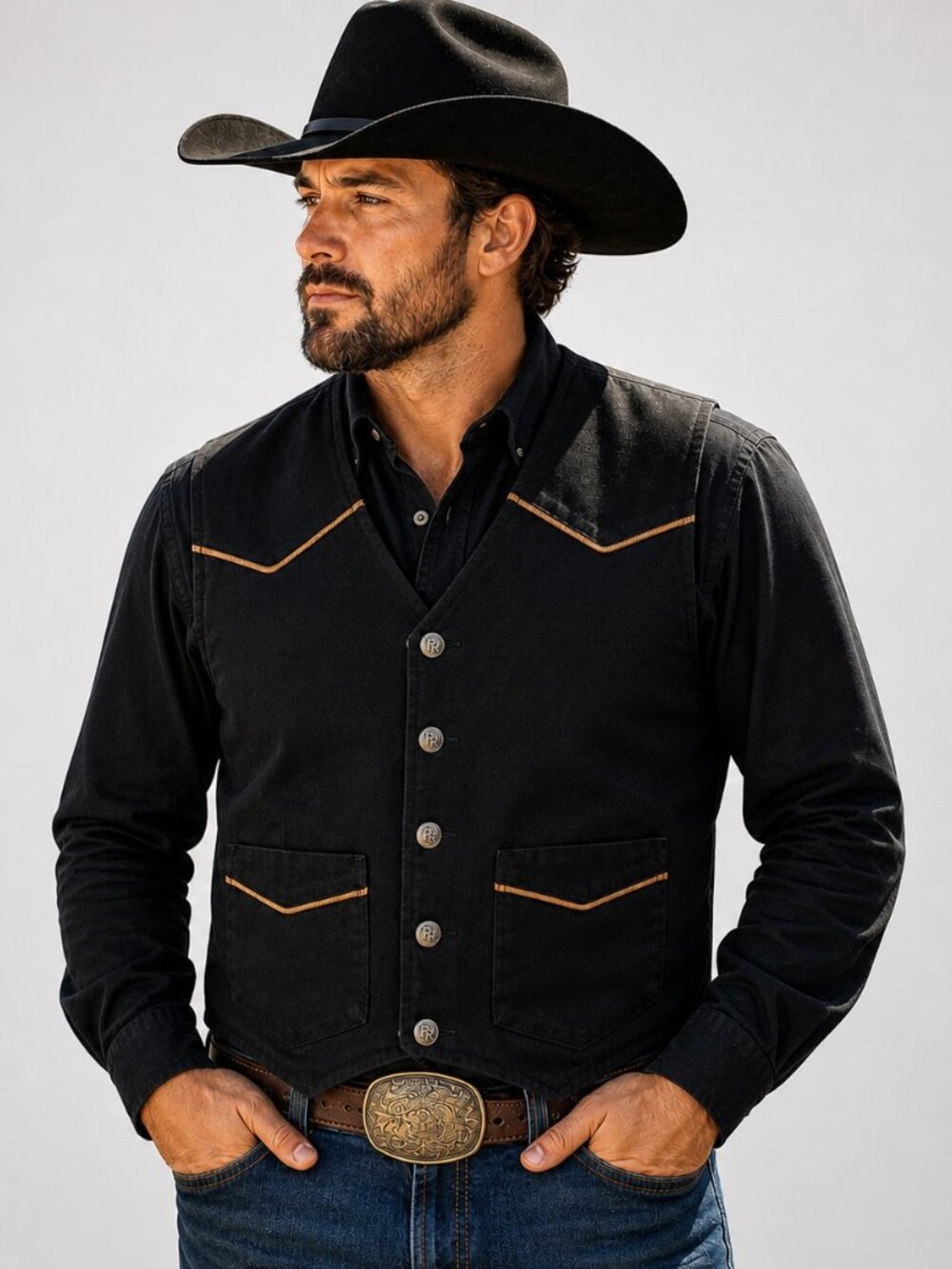 Powder River Outfitters Western Vest Mens L Black Cotton Cowboy Ranch Piped
